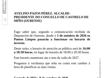 Cambio ao horario de inverno dos Puntos Limpos