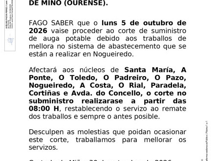 Corte do suministro da auga potable luns 5 de outubre